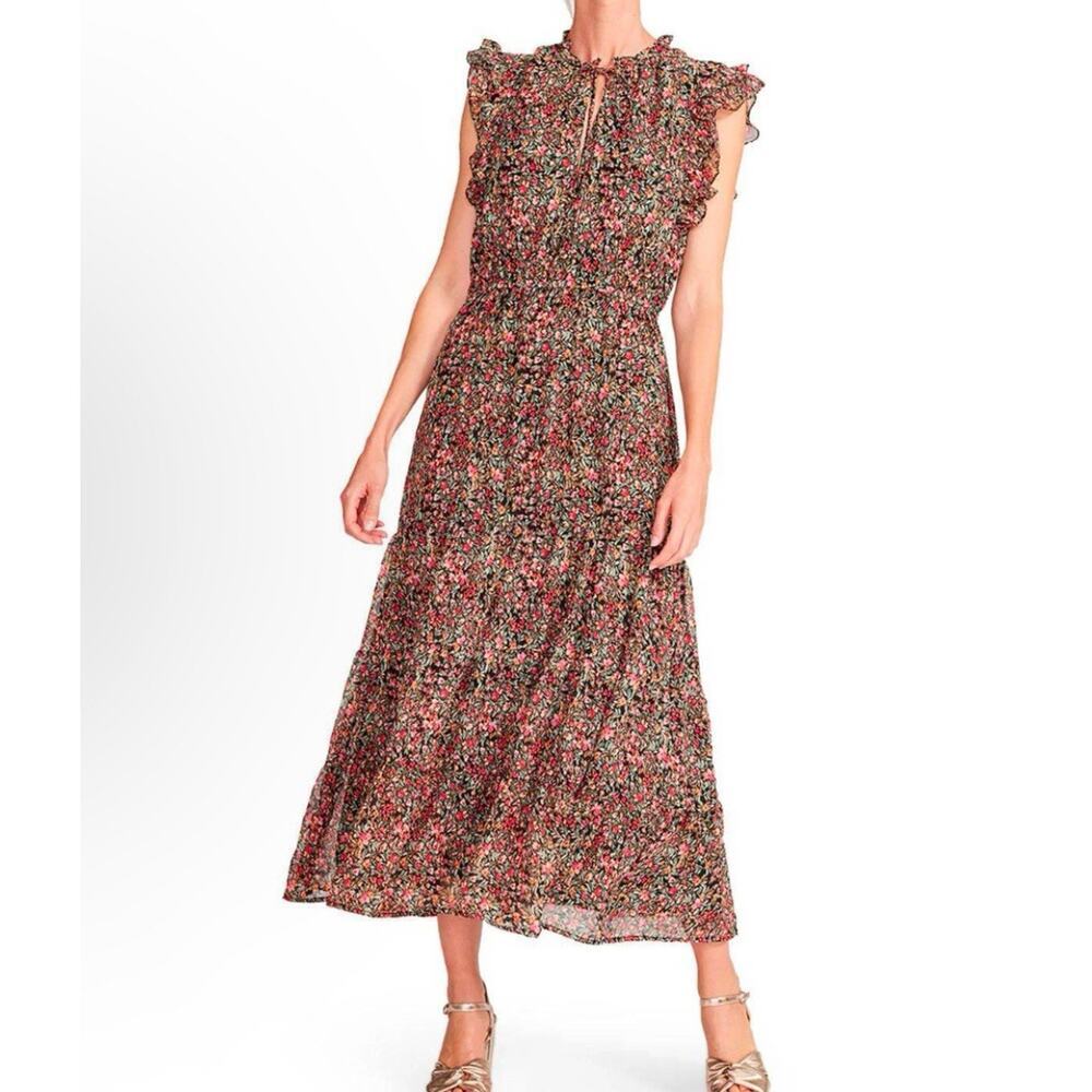 BB Dakota Red Black Floral Ruffle Midi Dress